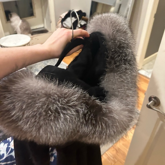 1 Madison Black Wool Wrap Coat with Detachable Fox Fur Trim - Picture 7 of 12